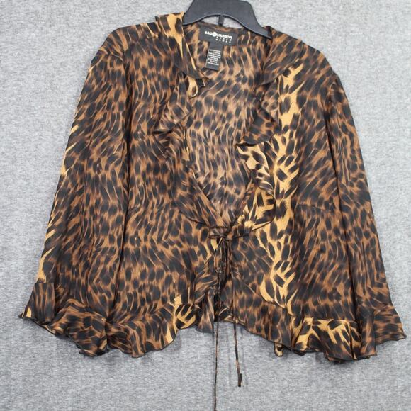 Women's Plus Size 20W Tie Cardigan Top Animal Print Sheer Ruffle Brown - Picture 1 of 7